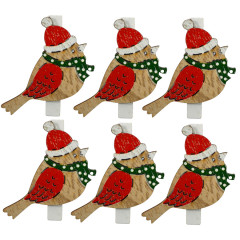 Drevený štipec s vtáčikom - vianočná dekorácia 4,5 cm 6 ks