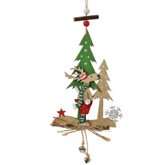 Vianočný drevený strom so sobom a zvončekom 32x11x1 cm